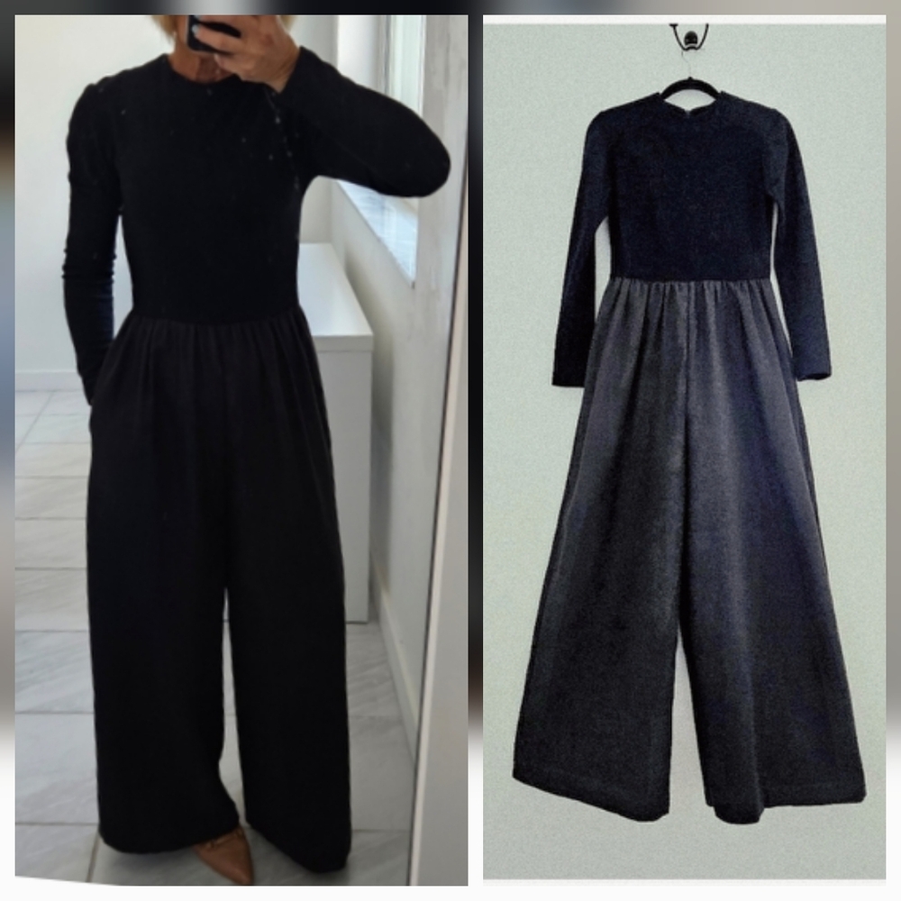 Bill Blass 1970's Black Long Sleeve Crew Top Taffeta Wide Leg Jumpsuit